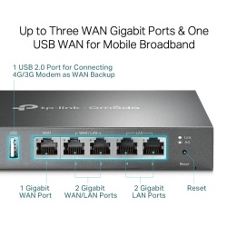 "Omada Gigabit VPN Router PORT: 1× Gigabit RJ45 WAN Port, 2× Gigabit RJ45 WAN/LAN Ports, 2× Gigabit RJ45 LAN Ports, 1× USB 2.0 Port; FEATURE: Integration with Omada SDN Controller, Support 20 IPsec VPN Tunnels, 16 PPTP/L2TP VPN Tunnels, 16 OpenVPN - Img 8