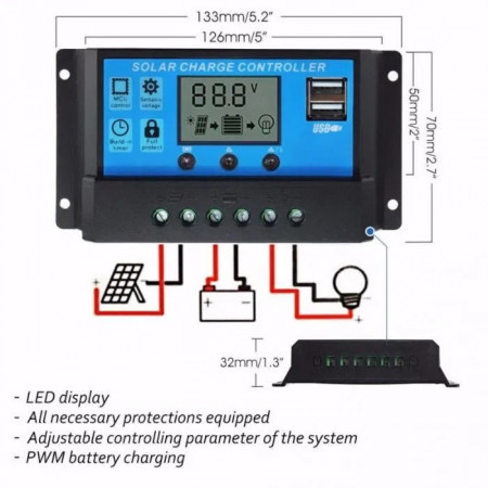 Regulator de incarcare Pwm solar 12/24v cu afisaj + 2 usb, 30a - Img 3