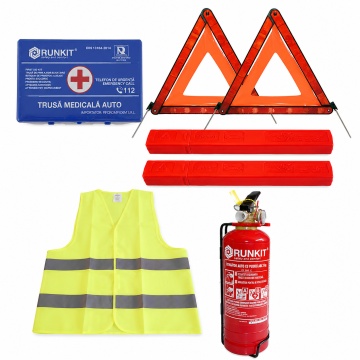 Kit de siguranță auto complet – Trusă medicală, Stingător 1 kg, 2 Triunghiuri reflectorizante și Vestă reflectorizantă