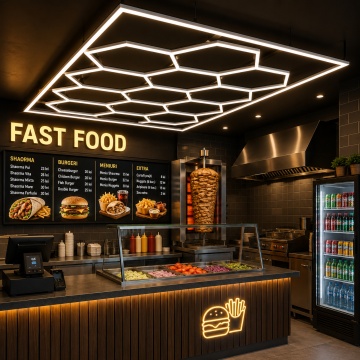 Set Lumină LED Hexagonală 14 Module + Rama pentru Fast Food Shaormerie 484x243 cm – Iluminare Puternică Honeycomb