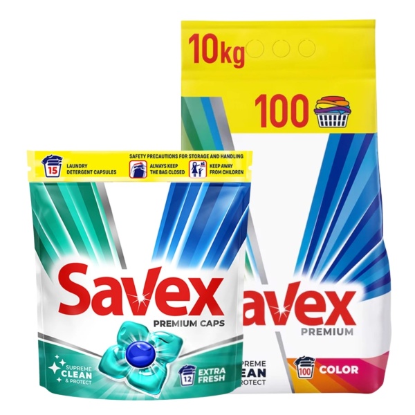 PROMO Detergent pudra Savex Color 10 kg + Savex capsule 12 buc