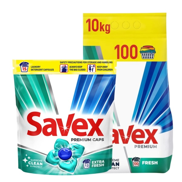PROMO Detergent pudra Savex Fresh 10 kg + Savex capsule 12 buc