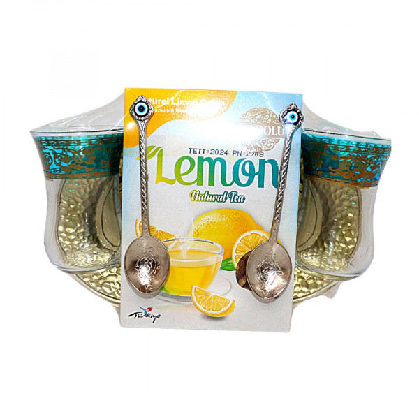Set de ceai natural Anadolu 50 g cu 2 pahare, farfurii si lingurite