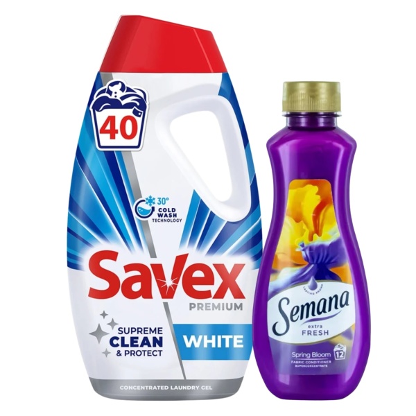PROMO Detergent lichid Savex White 1.8 L + Balsam rufe Semana 250 ml