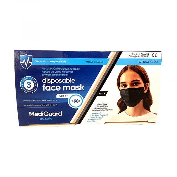 Masti de protectie negre cu 3 pliuri Blue Ocean Mediguard, 50 buc