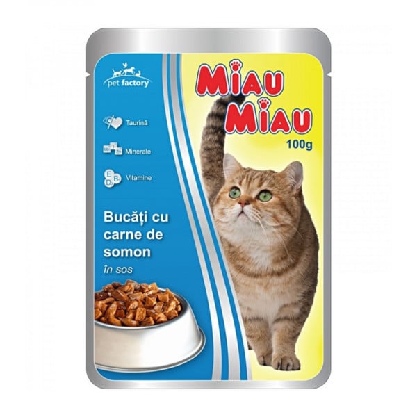 Plic de somon in sos pentru pisici Miau Miau 100 g