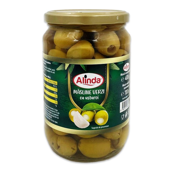 Masline verzi cu usturoi Alinda, 400 g