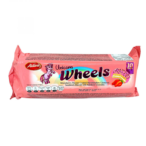 Biscuiti cu marshmallow si glazura de capsuni Unicorn Wheels 220 g