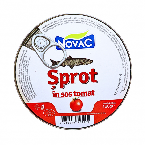 Conserva rotunda de peste sprot in sos tomat Novac 160 g