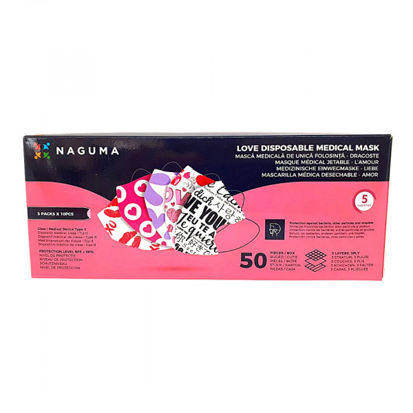 Masti de protectie cu 3 pliuri model Love Naguma, 50 buc