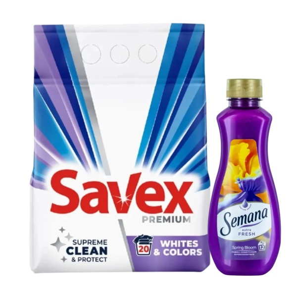PROMO Detergent pudra Savex White Colors 2 kg + Balsam rufe Semana 250 ml