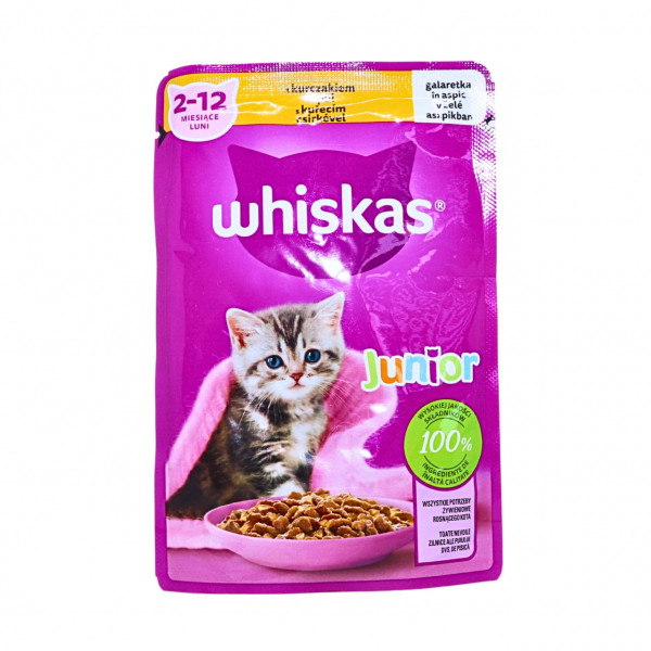 Mancare pisici pui in aspic la plic Whiskas Junior 2 - 12 luni, 85 g
