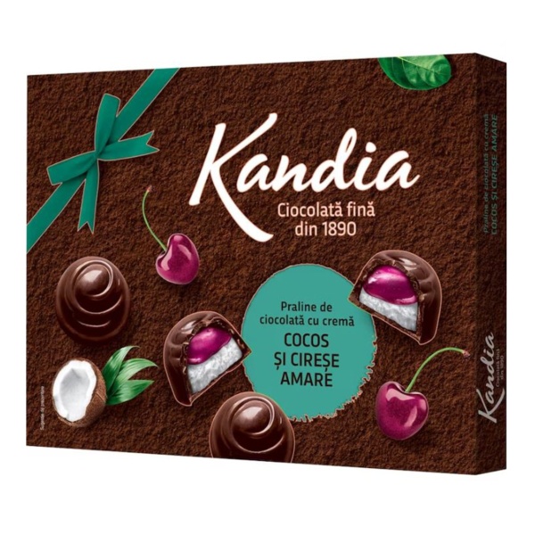Praline de ciocolata cu crema cocos si cirese amare Kandia, 104 g