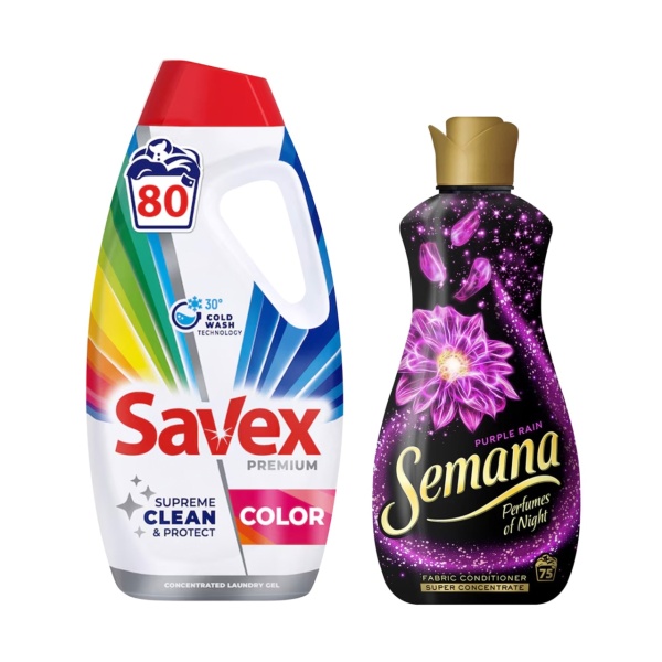 PROMO Detergent lichid Savex Color 4.5 L + Balsam rufe Semana 1.65L Purple rain