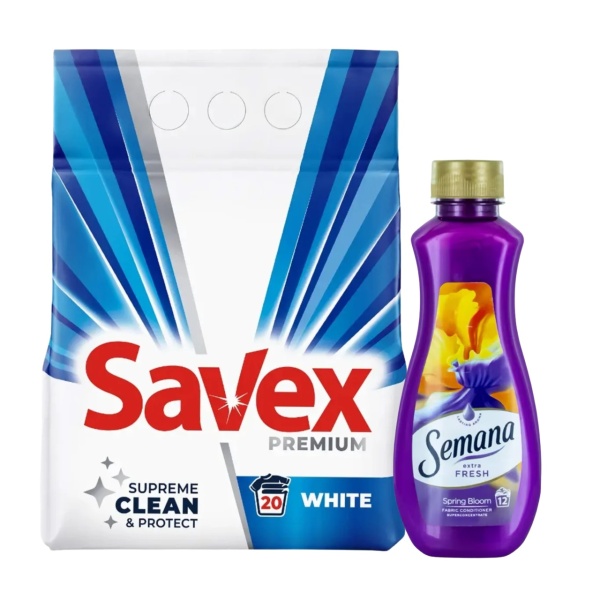 PROMO Detergent pudra Savex White 2 kg + Balsam rufe Semana 250 ml