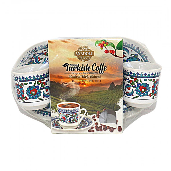 Set de cafea turceasca Anadolu si 2 cesti cu farfurii din portelan
