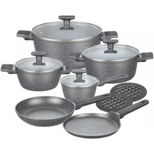Set oale și tigăi cu capace, strat antiaderent, Klausberg KB7832 – 12 piese, 16–28 cm, compatibil inducție, gri
