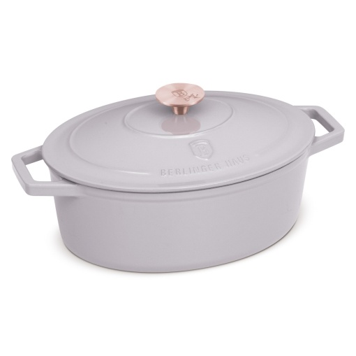 Oală din fontă emailată ovală cu capac 30 cm, 4.65L – Berlinger Haus Taupe Collection BH 6541, perfectă pentru cuptor, friptură și pâine