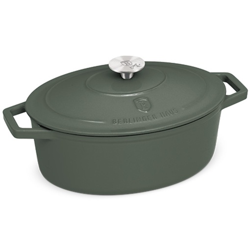 Oală din fontă emailată ovală cu capac 30 cm, 4.65L – Berlinger Haus Green Matte Collection BH 6545, verde, ideală pentru cuptor și rețete rustice