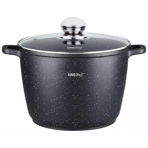 Oală cu capac 24 cm, 6.2L – Kinghoff KH 1598, cu strat antiaderent marmură, neagră, compatibilă cu toate plitele