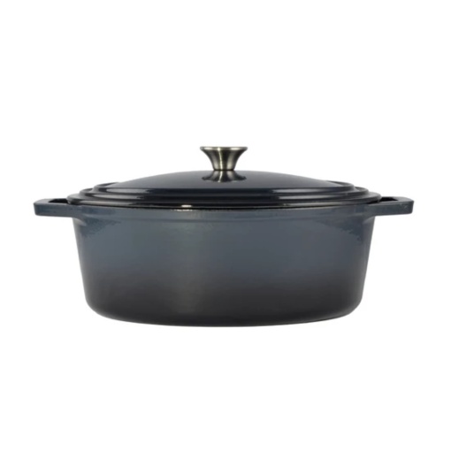 Oală ovală din fontă emailată cu capac 32 cm, 6L – Perfect Home 92142, albastru-gri, pentru cuptor și preparate cu gătire lentă