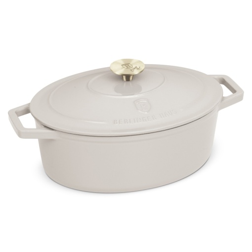Oală din fontă emailată ovală cu capac 30 cm, 4.65L – Berlinger Haus Sahara Collection BH 6540, crem, pentru cuptor și coacere lentă