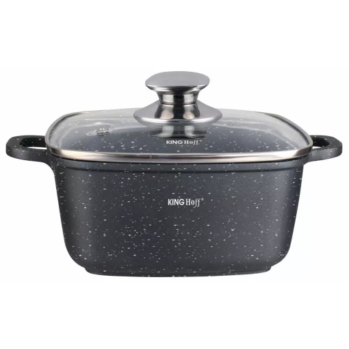 Oală pătrată cu capac 28x28 cm, 6.5L – Kinghoff KH 1605, neagră, strat marmură, perfectă pentru preparate voluminoase