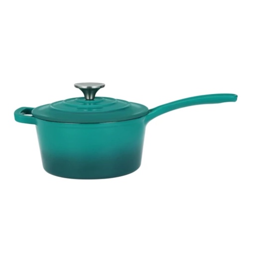 Oală din fontă emailată cu mâner și capac 19 cm, 1.9L – Perfect Home 16641, turcoaz, ideală pentru servire directă, compatibilă cu inducție