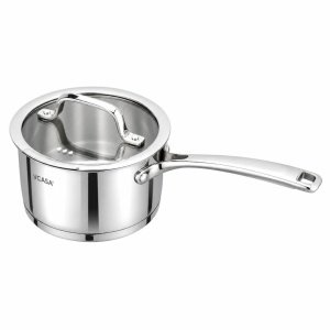 Cratiță cu coadă inox 304 cu capac 16 cm, 1,8 L, pentru inducție – VCASA Amara 90111, capac din sticlă cu strecurătoare - Img 6
