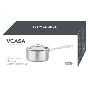 Cratiță cu coadă inox Tri-Ply cu capac 16 cm, 1,5 L, pentru inducție – VCASA Velora 90121, capac din inox cu strecurătoare - Img 2