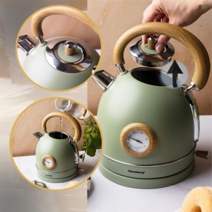 Fierbător de apă din inox cu termometru, 1,8 L – Klausberg KB-9008, verde cu inserții din lemn, bază rotativă 360° - Img 8