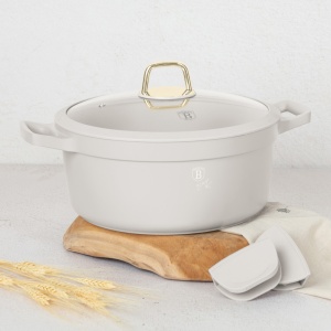 Oala cu capac si manere de silicon detasabile 28 cm, 6,6L Sahara Berlinger Haus BH 7788, antiaderenta, crem