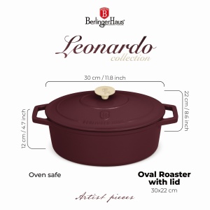 Oala fonta emailata ovala cu capac 4,65L 30 cm Leonardo Berlinger Haus BH 6543, visiniu