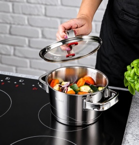 Oală inox 304 cu capac 16 cm, 1,6 L, pentru inducție – VCASA Sierra 90102, capac din sticlă cu strecurătoare - Img 2