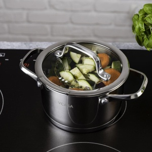 Oală inox 304 cu capac 16 cm, 1,8 L, pentru inducție – VCASA Amara 90112, capac din sticlă cu strecurătoare - Img 8