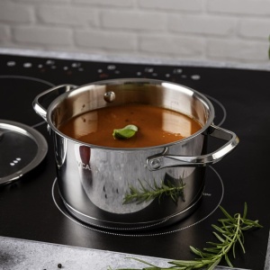 Oală inox 304 cu capac 20 cm, 3,4 L, pentru inducție – VCASA Amara 90114, capac din sticlă cu strecurătoare - Img 2