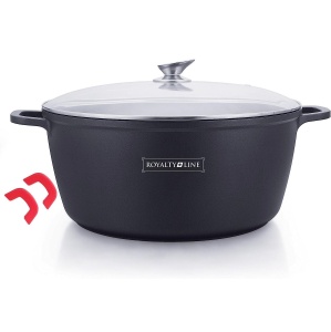 Oala mare, 23,4 litri, 44 cm tip cratita marmorata antiaderenta, cu capac, pentru zacusca, bulion, gemuri, cu protectie manere din silicon Royalty Line BS44ML
