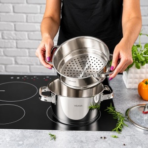Oală pentru gătit la abur inox 304, 20 cm, 3 piese, pentru inducție – VCASA Sierra 90107, capac din sticlă - Img 2
