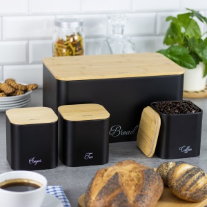 Set cutie de paine neagra cu 3 recipiente, otel, capace din bambus, Kinghoff KH1586 - Img 5