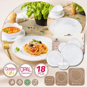 Set farfurii din sticlă opal, 18 piese pentru 6 persoane – Kinghoff KH-2037, alb cu margine aurie, în cutie cadou - Img 4