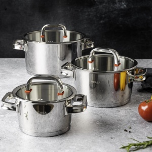 Set oale inox 304 cu capace din sticlă, 6 piese, 16/20/24 cm, pentru inducție – VCASA Sierra 90108, capace cu strecurătoare - Img 4