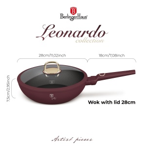 Tigaie wok cu capac Leonardo Collection Berlinger Haus BH 8034, 28 cm, 3.2 litri, antiaderente, strat titan, visiniu mat