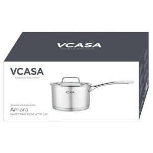 Cratiță cu coadă inox 304 cu capac 16 cm, 1,8 L, pentru inducție – VCASA Amara 90111, capac din sticlă cu strecurătoare - Img 3