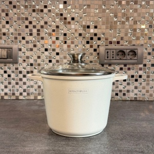 Oală înaltă marmorată cu capac 20 cm, 4 L – Royalty Line AD20MG, crem, antiaderentă, compatibilă inducție - Img 2