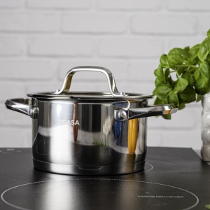 Oală inox 304 cu capac 16 cm, 1,8 L, pentru inducție – VCASA Amara 90112, capac din sticlă cu strecurătoare - Img 5