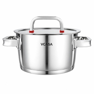 Oală inox 304 cu capac 18 cm, 2,2 L, pentru inducție – VCASA Sierra 90103, capac din sticlă cu strecurătoare