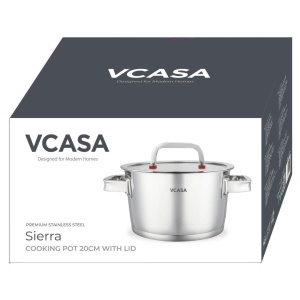 Oală inox 304 cu capac 20 cm, 3,2 L, pentru inducție – VCASA Sierra 90104, capac din sticlă cu strecurătoare - Img 3