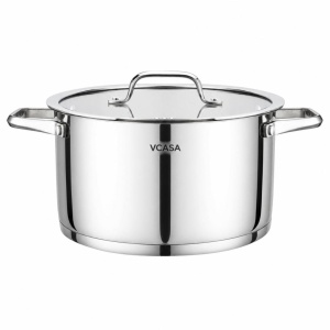 Oală inox 304 cu capac 24 cm, 5,8 L, pentru inducție – VCASA Amara 90115, capac din sticlă cu strecurătoare