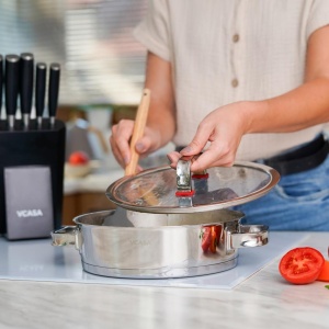 Oală joasă inox 304 cu capac 24 cm, 2,7 L, pentru inducție – VCASA Sierra 90106, capac din sticlă cu strecurătoare - Img 7