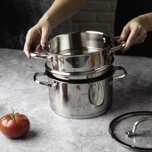 Oală pentru gătit la abur inox 304, 20 cm, 3 piese, pentru inducție – VCASA Amara 90117, capac cu strecurătoare - Img 5